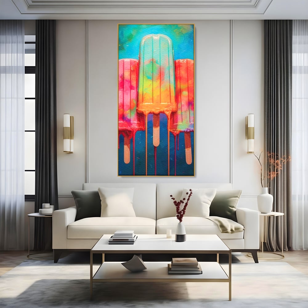 Tablou canvas cu pictura digitala cu trei inghetate pe bat colorate, in rama de aluminiu auriu, pe perete intr-un living